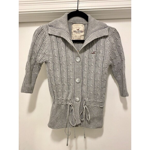 Y2K Style NWT Hollister Cable Knit 3/4 Length Sleeve Grey Cardigan Size Large - Picture 2 of 9